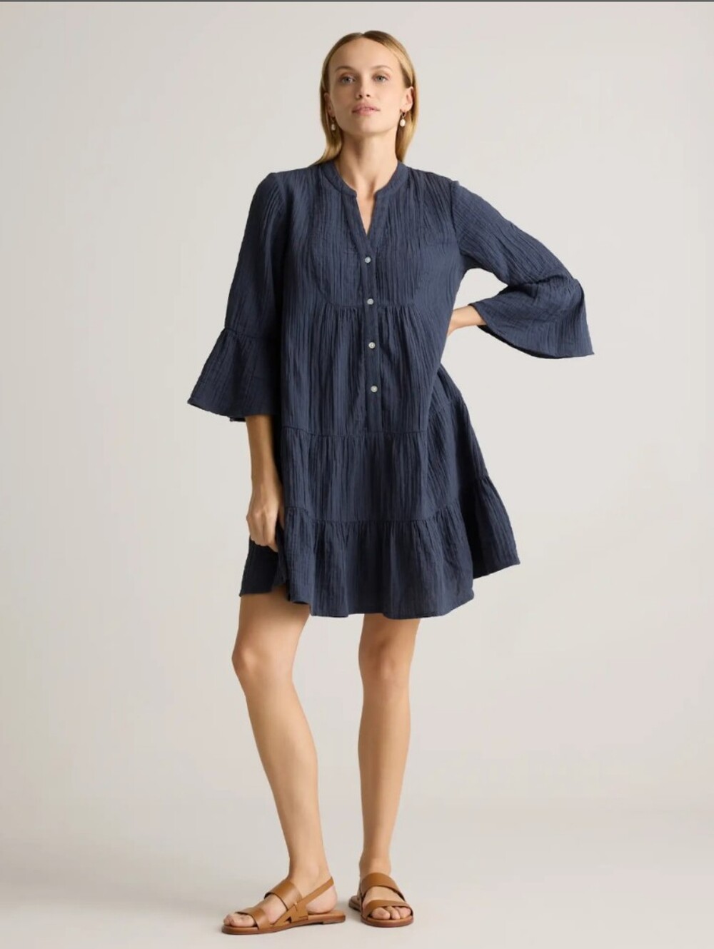 Quince Indigo Blue Organic Cotton Gauze Tiered Mini Dress Pockets Bell Sleeve